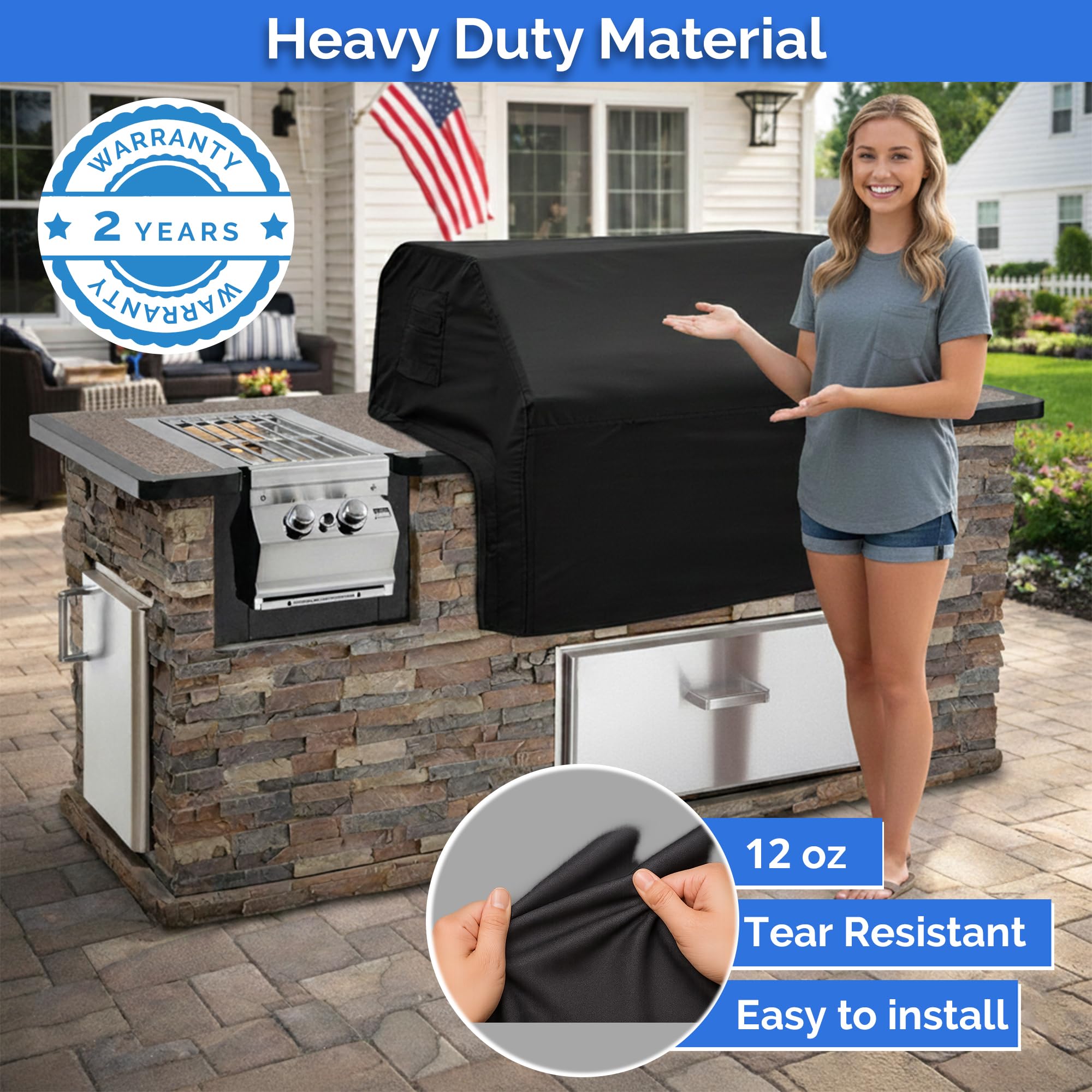 Covers & All Built-in Grill Cover for Outdoor Grill – Heavy Duty 12 oz Waterproof Built-in BBQ Grill Cover, PVC-Coated Polyester with Elastic Hem for Snug Fit (32 x 26 x 24 inches, Black) - Image 5