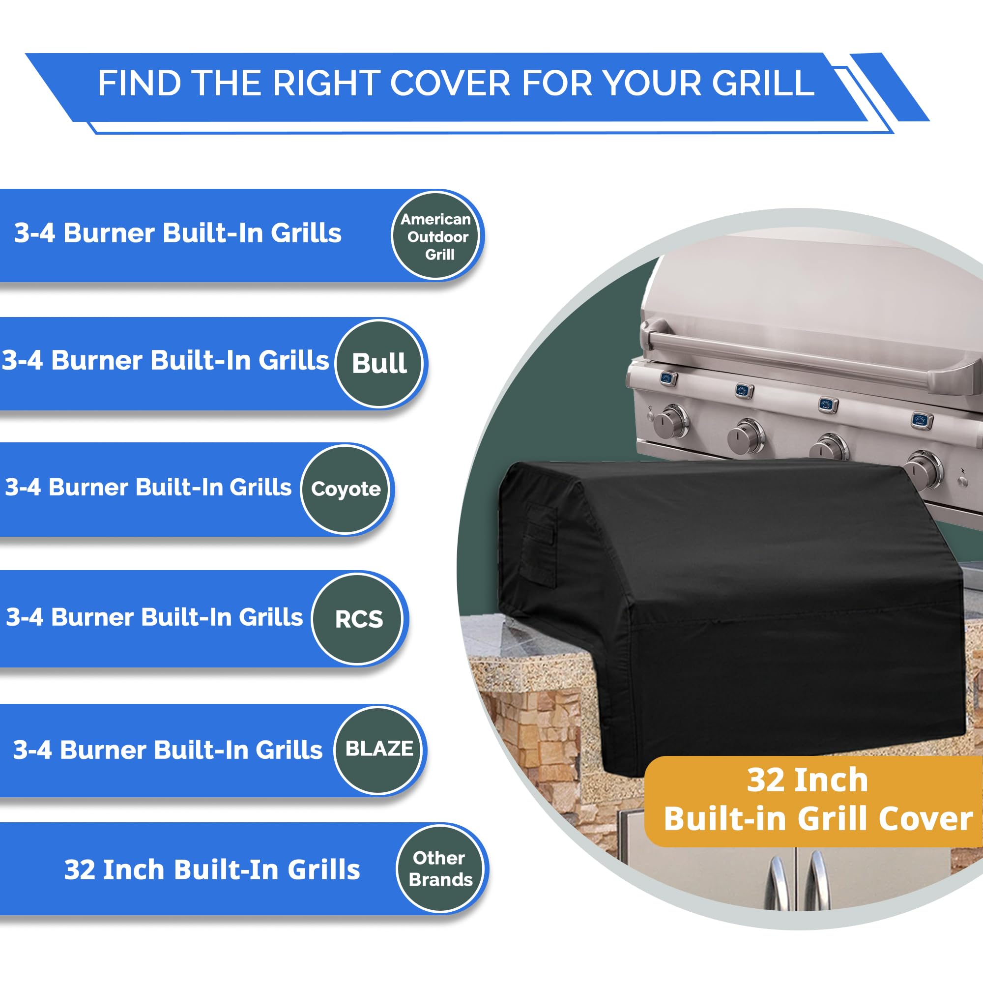 Covers & All Built-in Grill Cover for Outdoor Grill – Heavy Duty 18 oz Waterproof Built-in BBQ Grill Cover, PVC-Coated Polyester with Elastic Hem for Snug Fit (32 x 26 x 24 inches, Black) - Image 3
