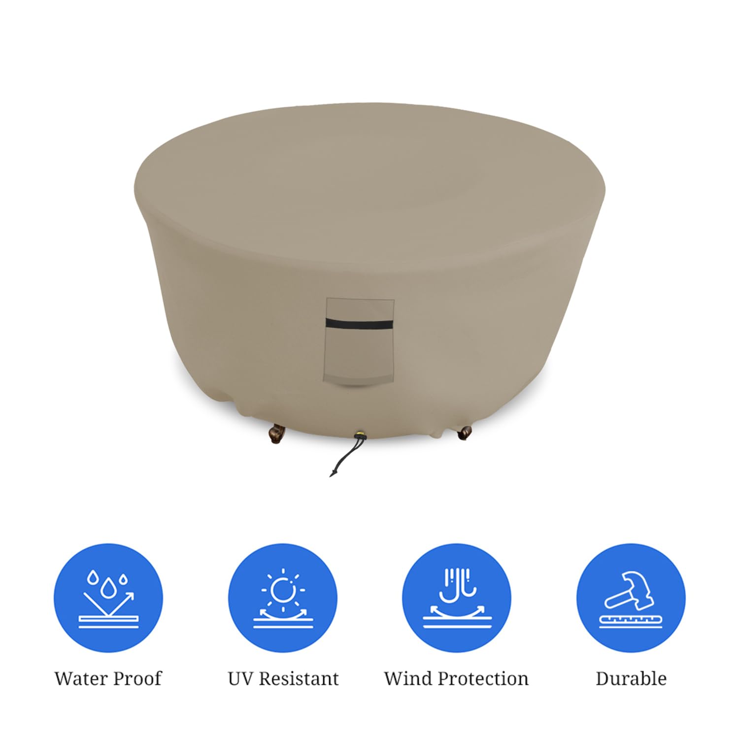 Covers & all Outdoor Round Fire Pit Cover, 12 Oz Waterproof, UV & Weather Resistant for Patio Lawn Garden Backyard Outside, with Drawstrings (30"(Diameter) x 12"(H), Beige) - Image 3