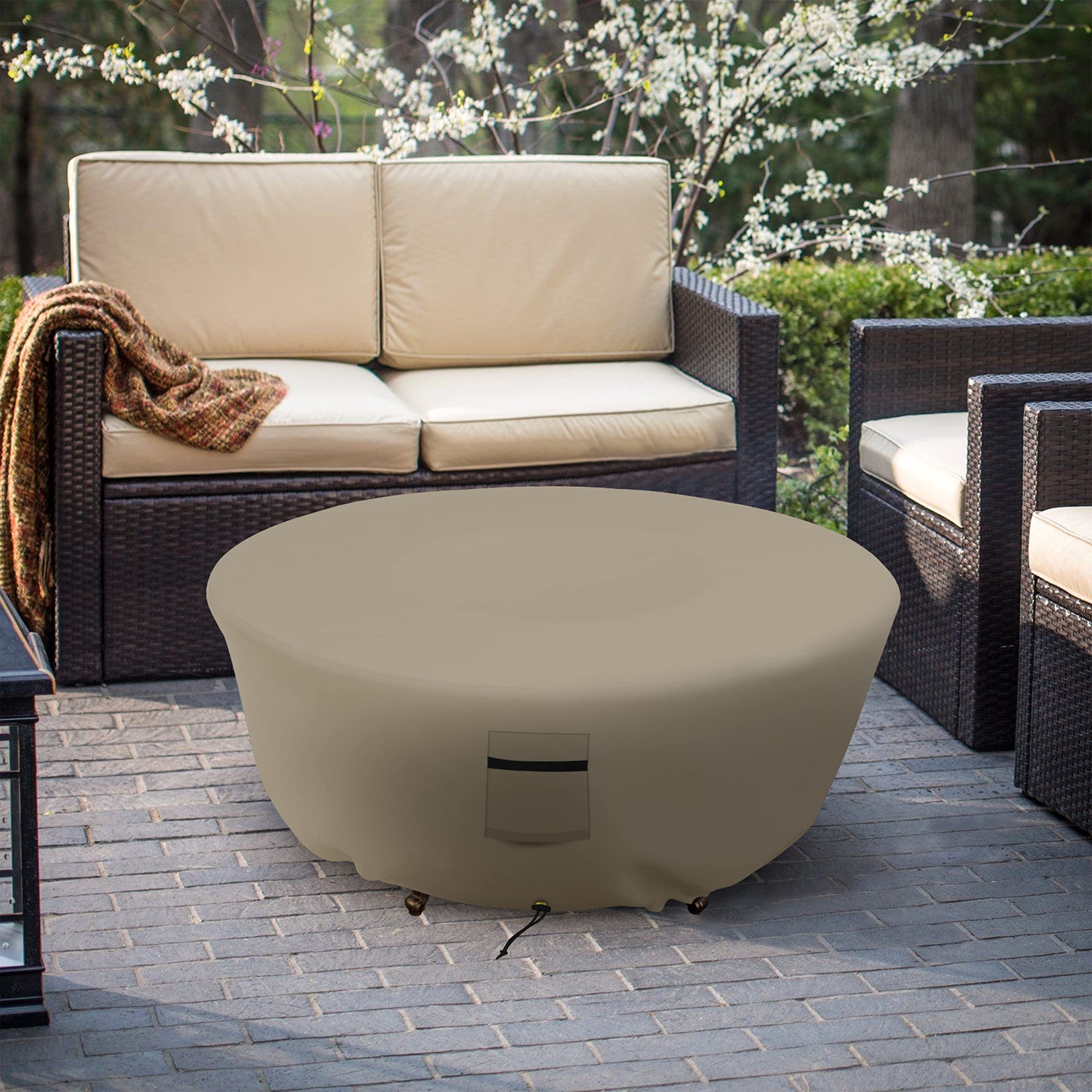Covers & all Outdoor Round Fire Pit Cover, 12 Oz Waterproof, UV & Weather Resistant for Patio Lawn Garden Backyard Outside, with Drawstrings (30"(Diameter) x 12"(H), Beige) - Image 6