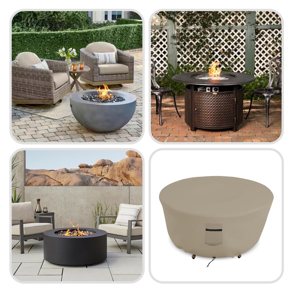 Covers & all Outdoor Round Fire Pit Cover, 12 Oz Waterproof, UV & Weather Resistant for Patio Lawn Garden Backyard Outside, with Drawstrings (30"(Diameter) x 12"(H), Beige) - Image 7
