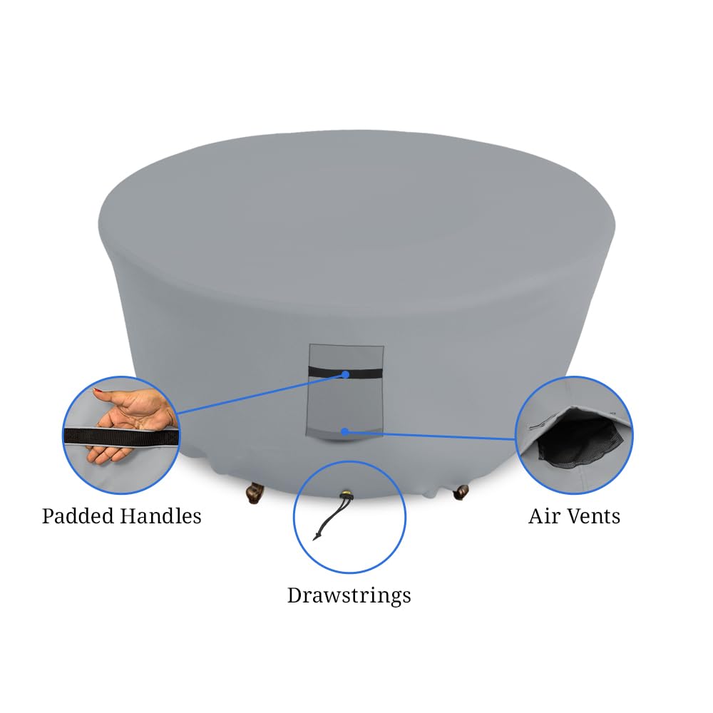 Covers & all Outdoor Round Fire Pit Cover, Heavy Duty 18 Oz Waterproof UV & Weather Resistant for Patio Lawn Garden Backyard Outside, Air Vents & Drawstrings (48"Diameter x 18"H, Grey) - Image 4