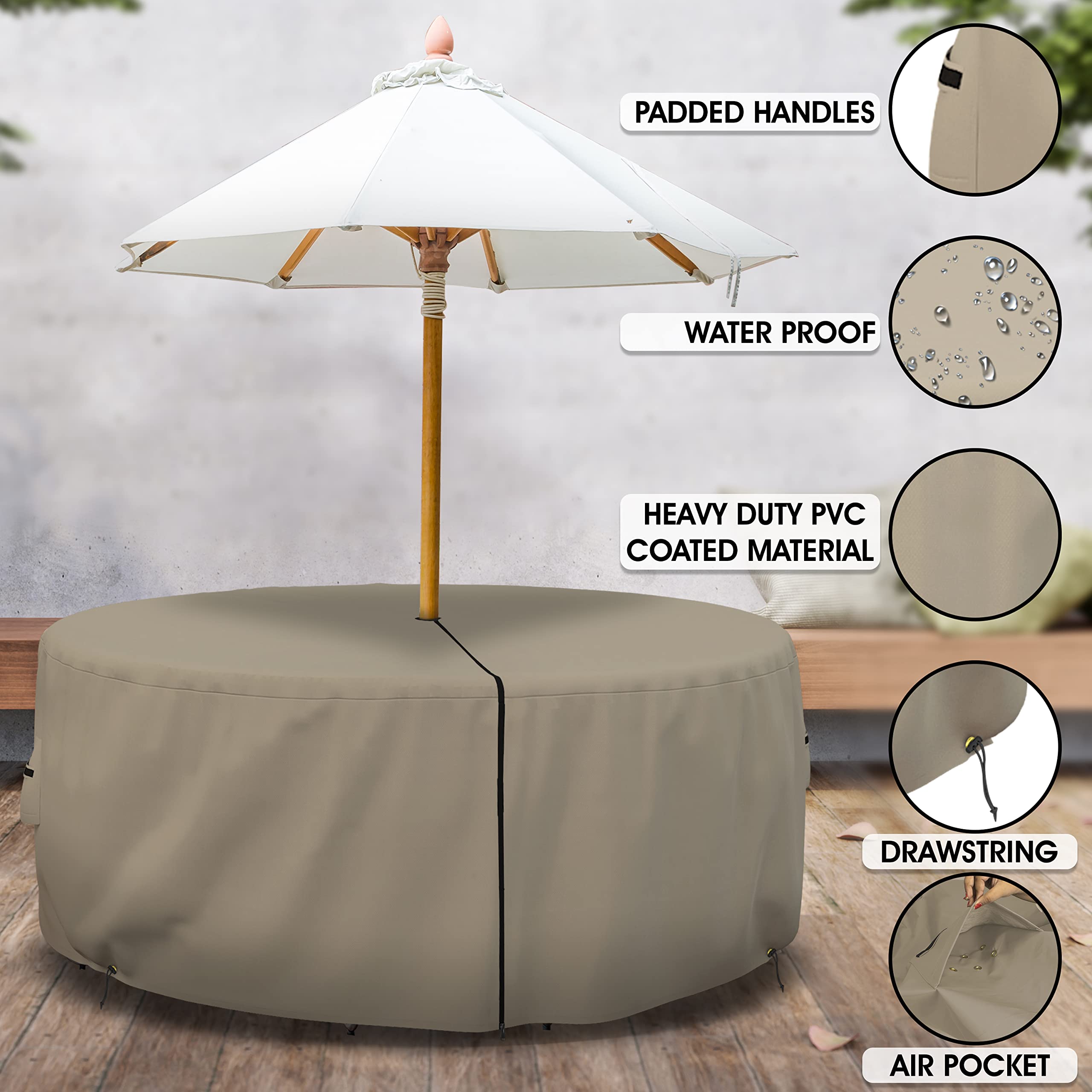 Covers & All Patio Round Table and Chair Set Cover with Umbrella Hole - Heavyduty 12 Oz Waterproof Outdoor Backyard Furniture Cover with Air Pocket & Drawstring for Snug fit. (70" Dia x 23" H, Beige) - Image 3