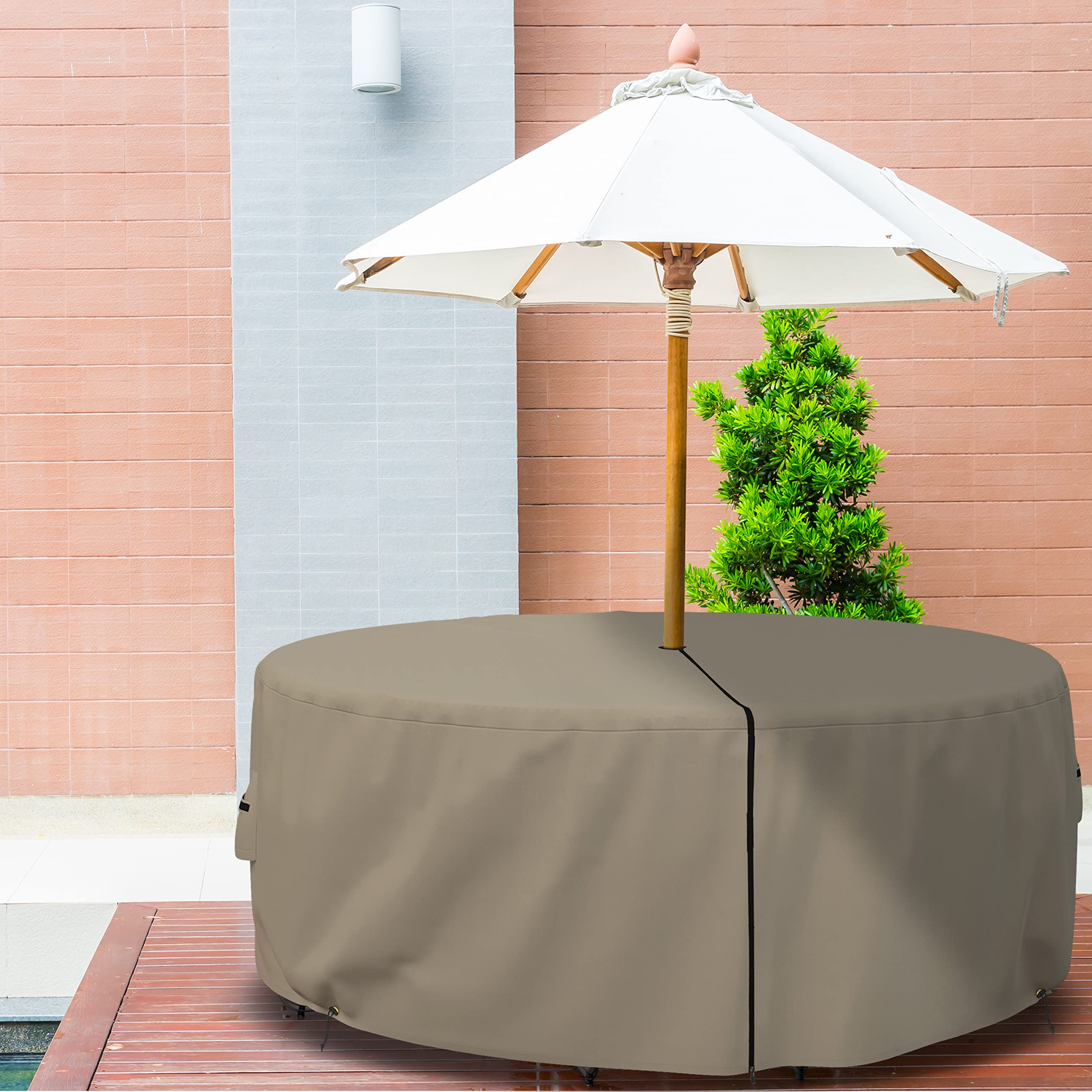 Covers & All Patio Round Table and Chair Set Cover with Umbrella Hole - Heavyduty 12 Oz Waterproof Outdoor Backyard Furniture Cover with Air Pocket & Drawstring for Snug fit. (70" Dia x 23" H, Beige) - Image 6