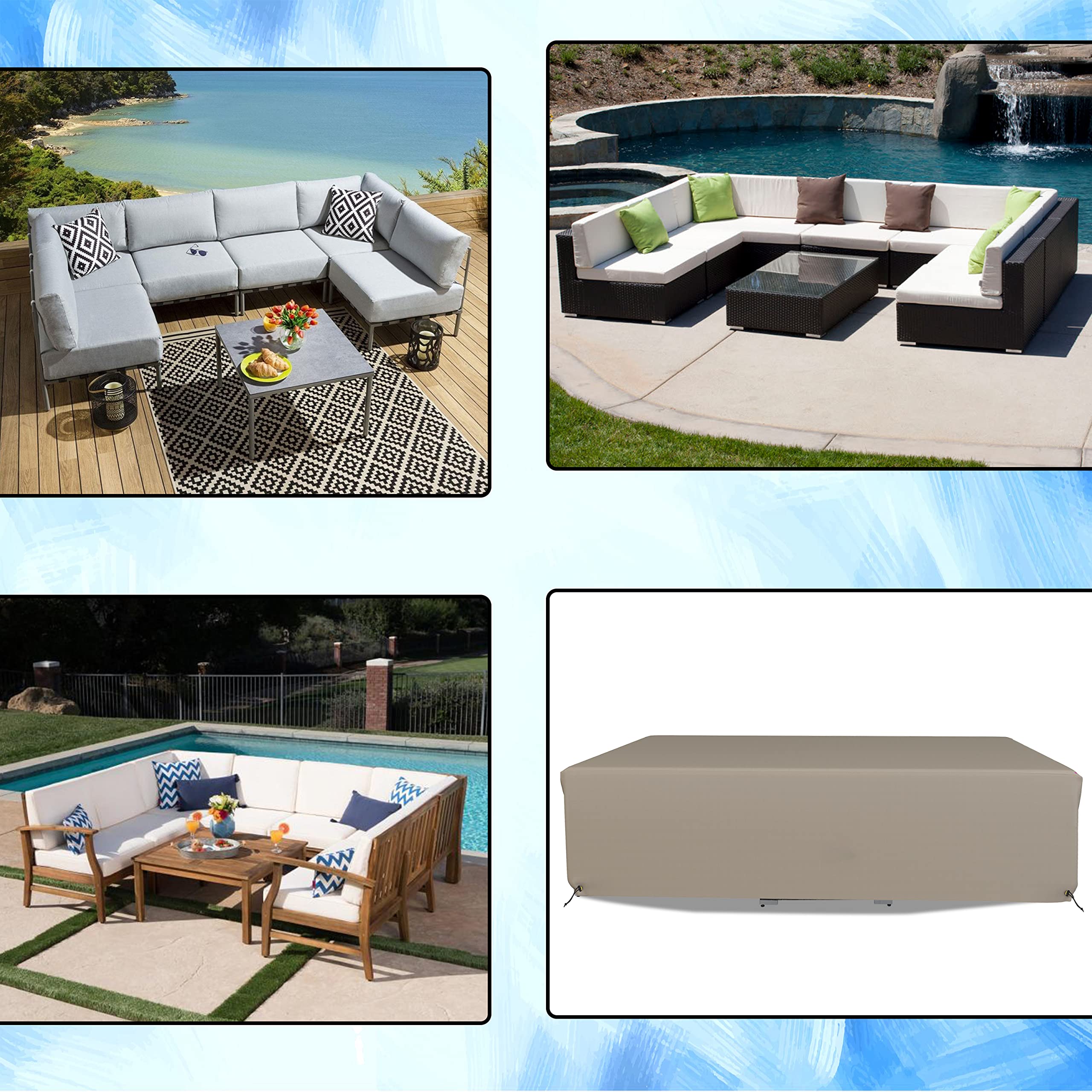 Covers & All Patio Sectional Sofa Set Cover 160 GSM PVC Emboss Fabric Outdoor Furniture Table and Chair Set Cover with Drawstring for Snug Fit (128''W x 63''D x 29''H, Beige) - Image 7