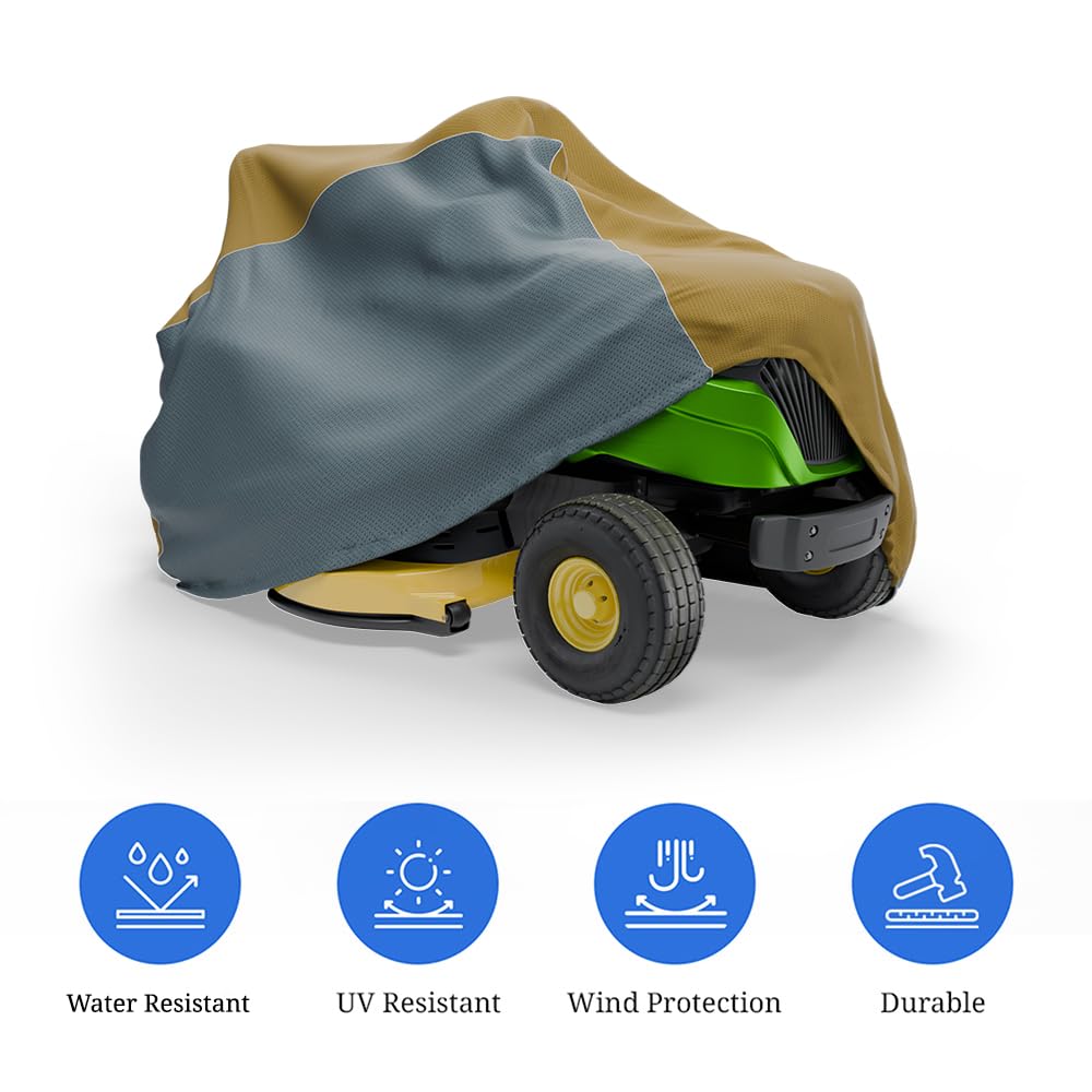 Covers & all Riding Lawn Mower Cover, Water, UV & Weather Resistant, with Elastic Push Clip Closure & Storage Bag (72"L x 54"W x 46"H, Beige & Gray Dual Tone) - Image 3