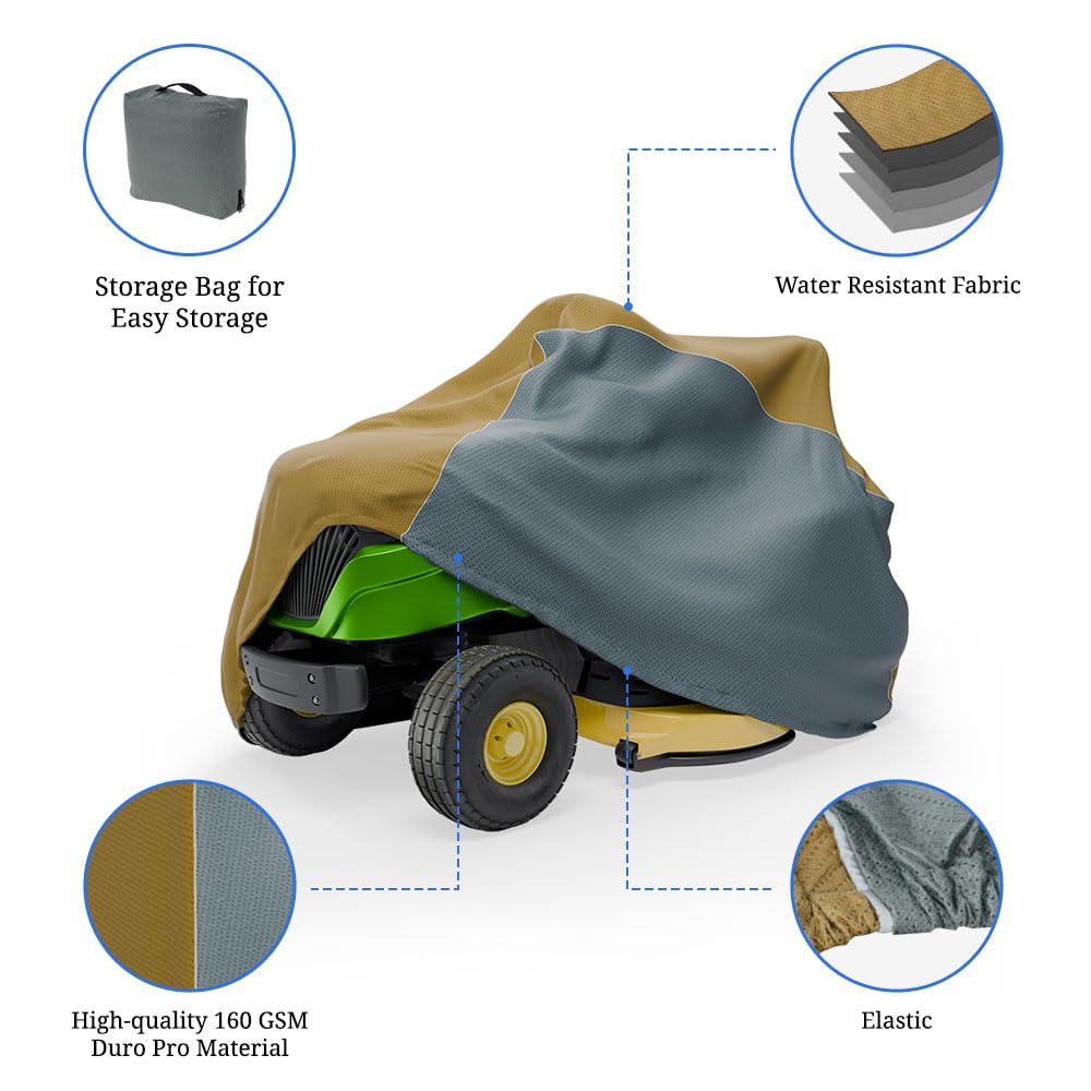 Covers & all Riding Lawn Mower Cover, Water, UV & Weather Resistant, with Elastic Push Clip Closure & Storage Bag (72"L x 54"W x 46"H, Beige & Gray Dual Tone) - Image 4