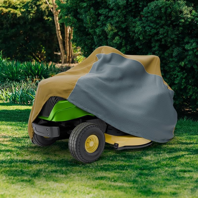Covers & all Riding Lawn Mower Cover, Water, UV & Weather Resistant, with Elastic Push Clip Closure & Storage Bag (72"L x 54"W x 46"H, Beige & Gray Dual Tone) - Image 5