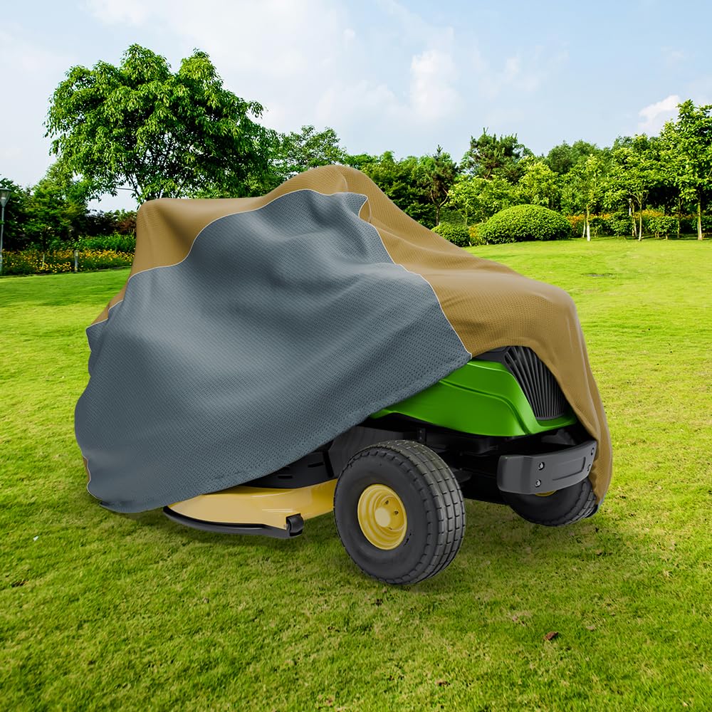 Covers & all Riding Lawn Mower Cover, Water, UV & Weather Resistant, with Elastic Push Clip Closure & Storage Bag (72"L x 54"W x 46"H, Beige & Gray Dual Tone) - Image 6