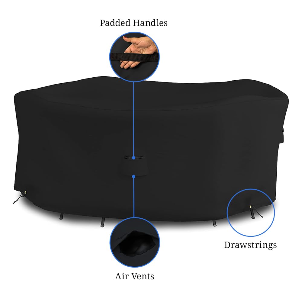 Covers & all Round Dining Table Set Cover, 12 Oz Waterproof UV & Weather Resistant Patio Indoor Outdoor Bistro Garden Lawn Furniture Cover with Air Vents & Drawstrings (95"Diameter x 24"H,Black) - Image 4