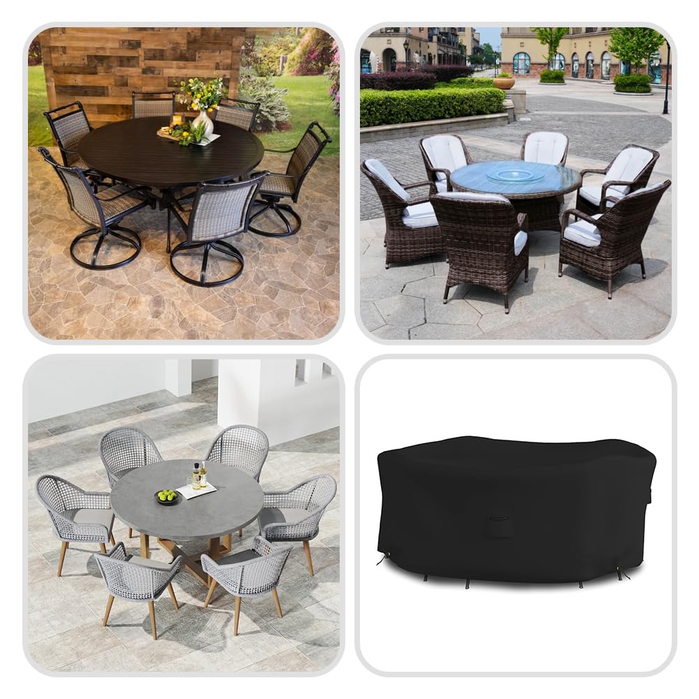 Covers & all Round Dining Table Set Cover, 12 Oz Waterproof UV & Weather Resistant Patio Indoor Outdoor Bistro Garden Lawn Furniture Cover with Air Vents & Drawstrings (95"Diameter x 24"H,Black) - Image 7
