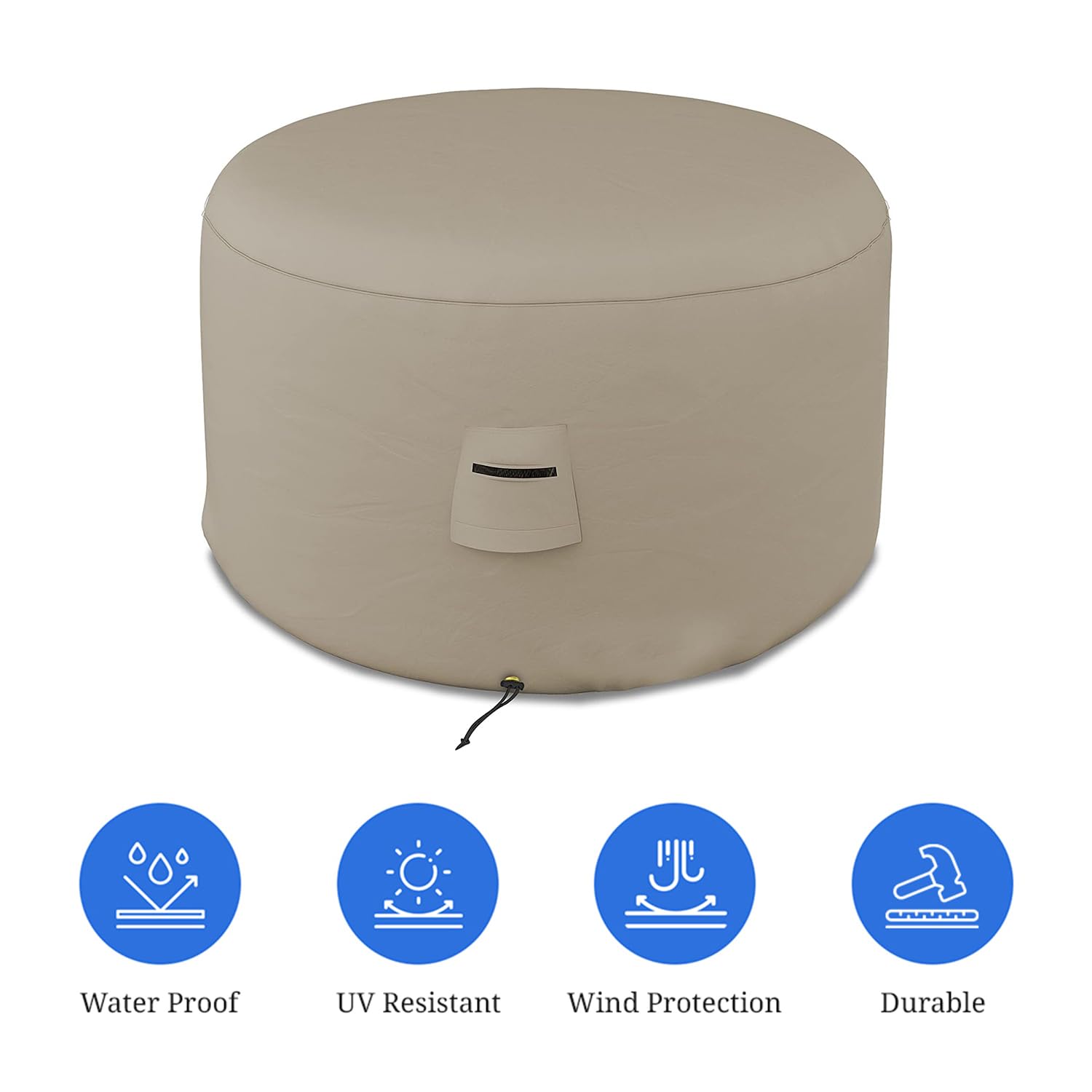 Covers & All Round Ottoman Cover, 12 Oz PVC Waterproof, UV & Weather Resistant Patio Garden Furniture Stool Protector Indoor Outdoor Use with Air Vents & Drawstrings (24" Diameter x 18" H, Beige) - Image 3