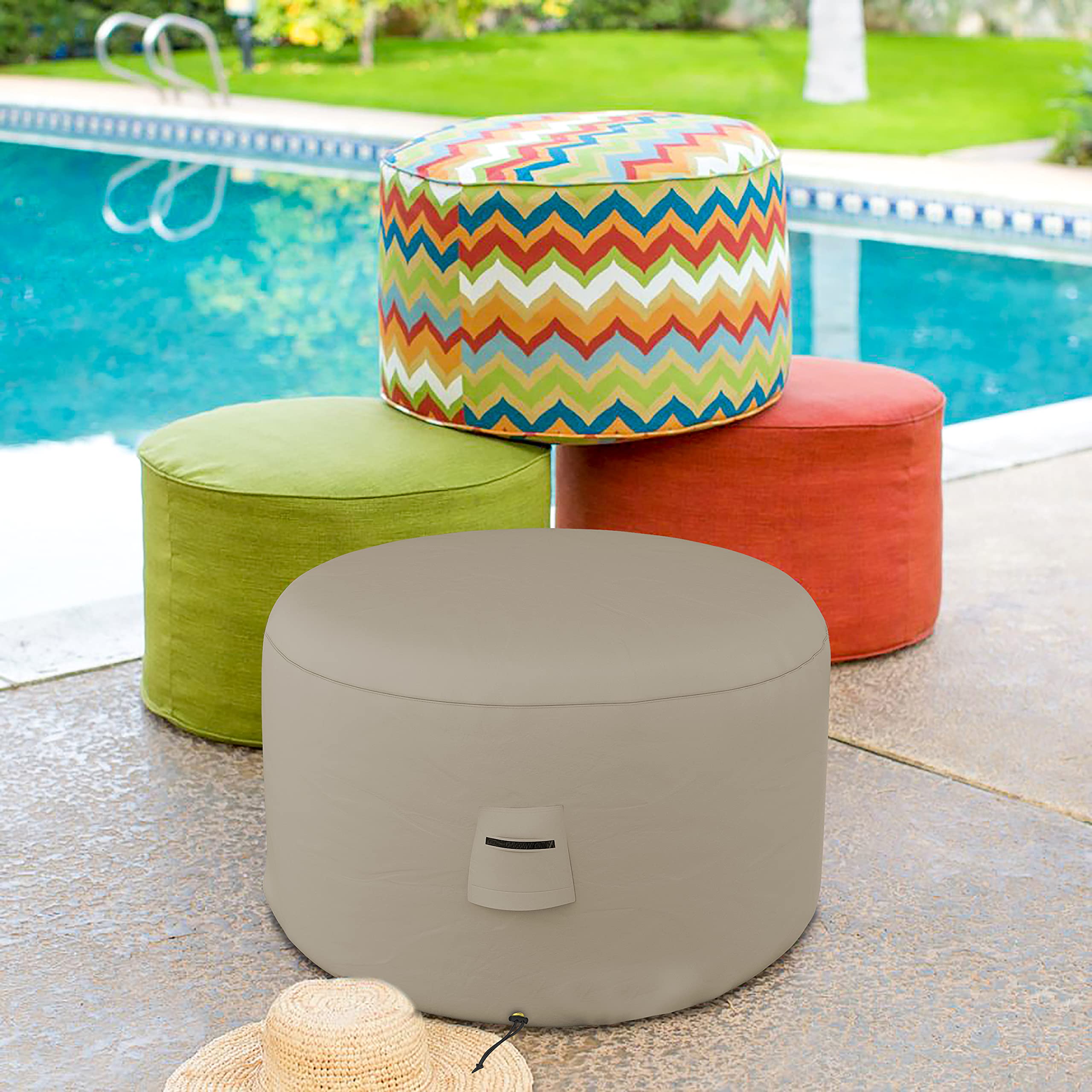 Covers & All Round Ottoman Cover, 12 Oz PVC Waterproof, UV & Weather Resistant Patio Garden Furniture Stool Protector Indoor Outdoor Use with Air Vents & Drawstrings (24" Diameter x 18" H, Beige) - Image 6