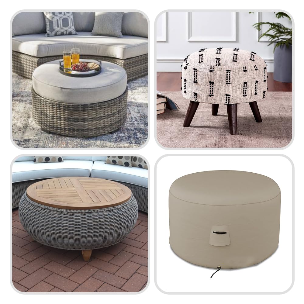 Covers & All Round Ottoman Cover, 12 Oz PVC Waterproof, UV & Weather Resistant Patio Garden Furniture Stool Protector Indoor Outdoor Use with Air Vents & Drawstrings (24" Diameter x 18" H, Beige) - Image 7