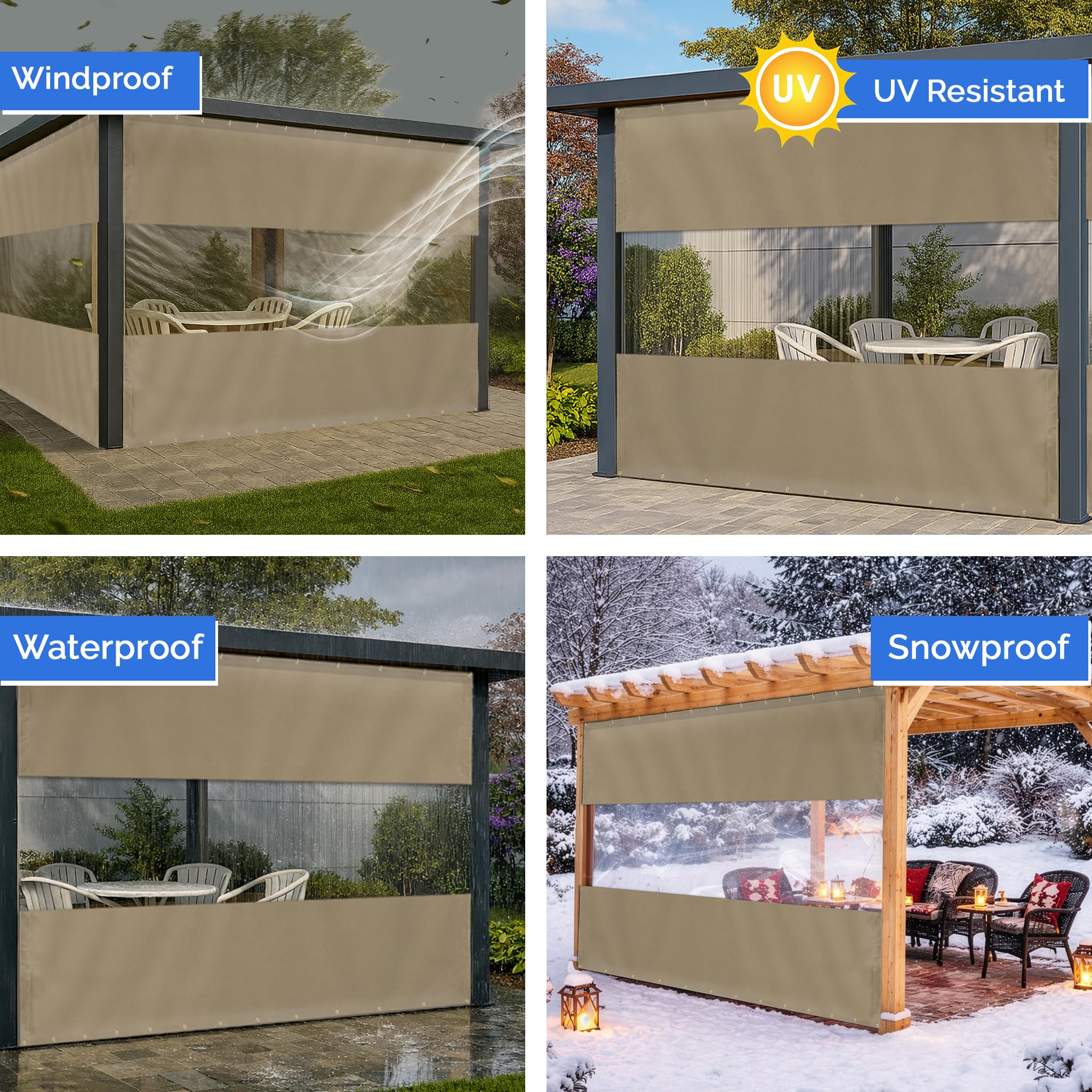 Covers & All Vinyl Outdoor Curtains for Patio Waterproof – 12 oz Outdoor Clear Panel Curtains, Gazebo Curtains with Brass Grommets for Pergola, Porch & Patio Walls for Winter (8 x 12 ft, Beige) - Image 4