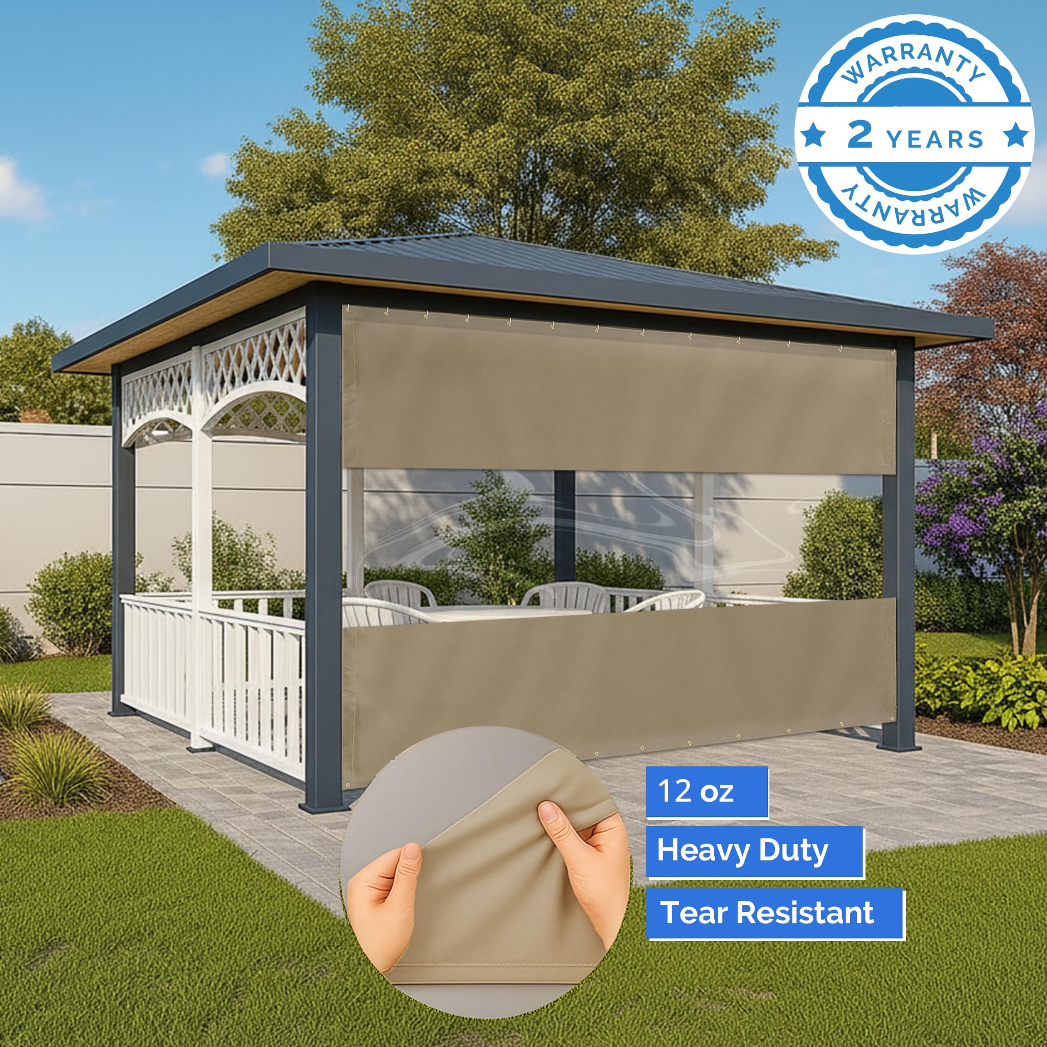 Covers & All Vinyl Outdoor Curtains for Patio Waterproof – 12 oz Outdoor Clear Panel Curtains, Gazebo Curtains with Brass Grommets for Pergola, Porch & Patio Walls for Winter (8 x 12 ft, Beige) - Image 7