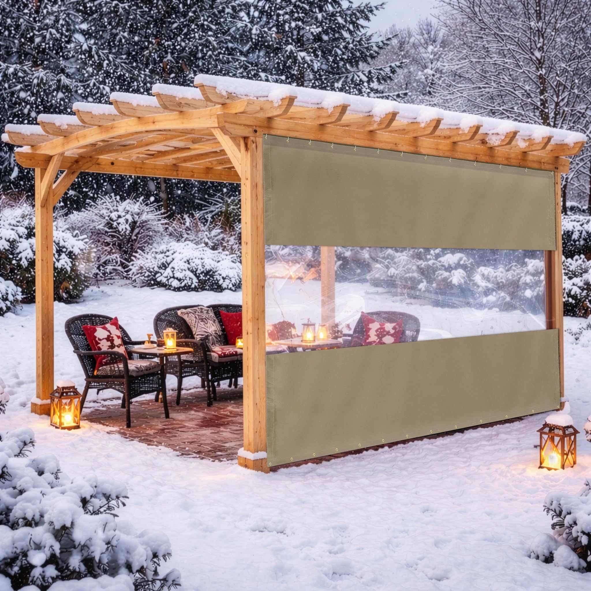 Covers & All Vinyl Outdoor Curtains for Patio Waterproof – 12 oz Outdoor Clear Panel Curtains, Gazebo Curtains with Brass Grommets for Pergola, Porch & Patio Walls for Winter (8 x 12 ft, Beige) - Image 9