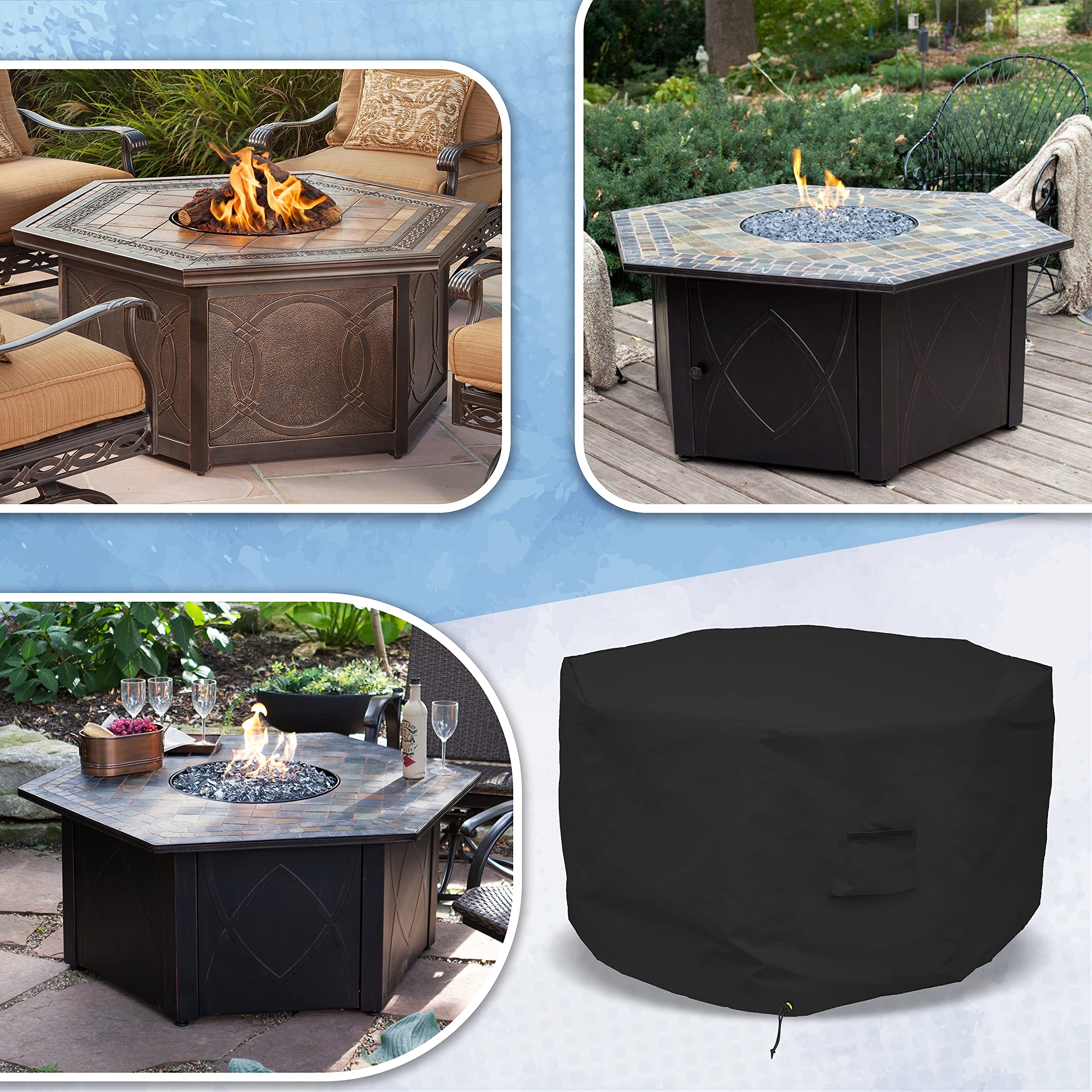 Octagon Fire Pit Cover 12 Oz Waterproof - 100% Weather Resistant Outdoor Fire Pit Table Cover with Air Pocket & Drawstring for Snug Fit (20" H x 42" D, Black) - Image 7