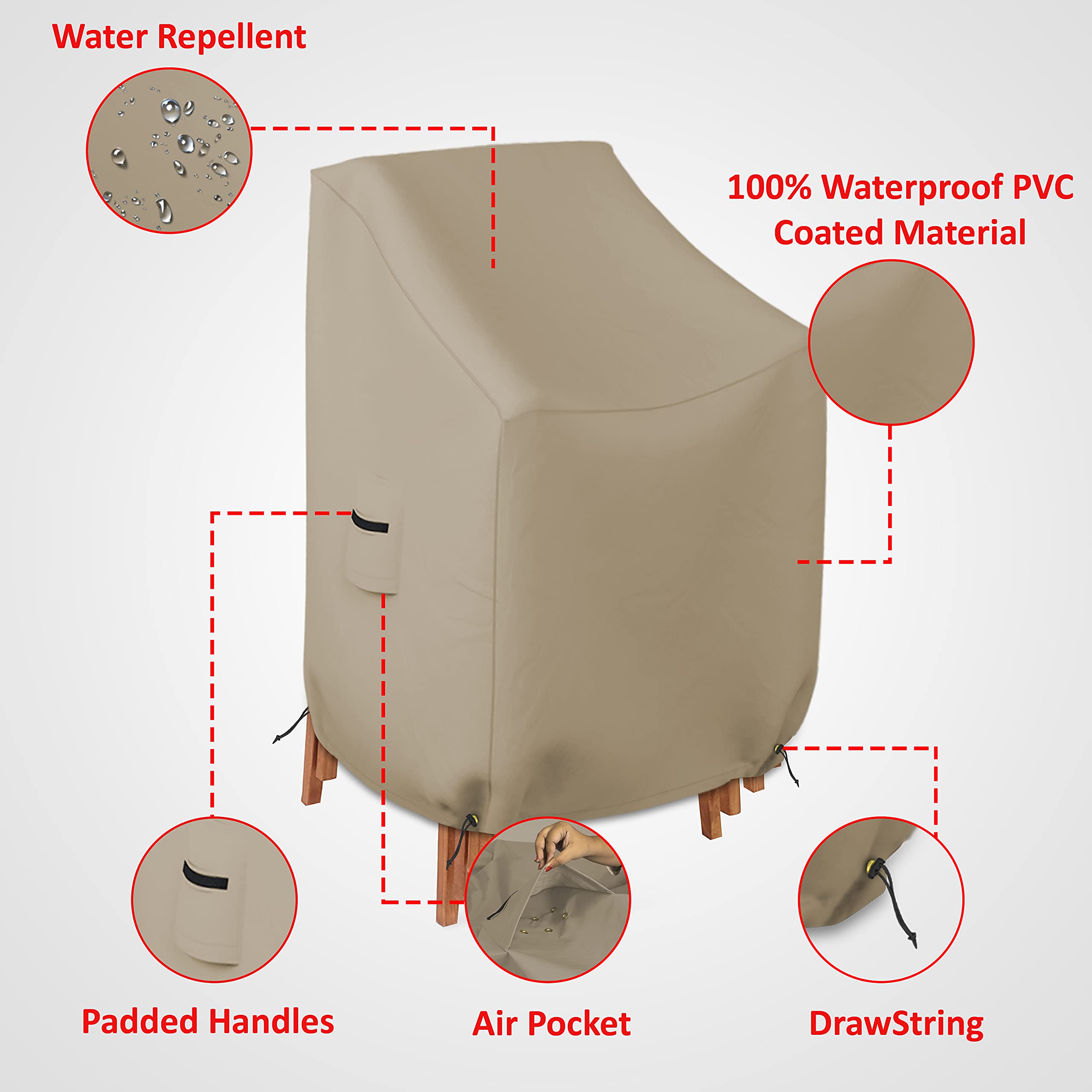Stackable Chair Cover 12 Oz Waterproof - 100% Weather Resistant PVC Coated Patio Furniture Cover with Air Pockets & Drawstring for Snug Fit (36W x 37D x 36H x 15 FH, Beige) - Image 3
