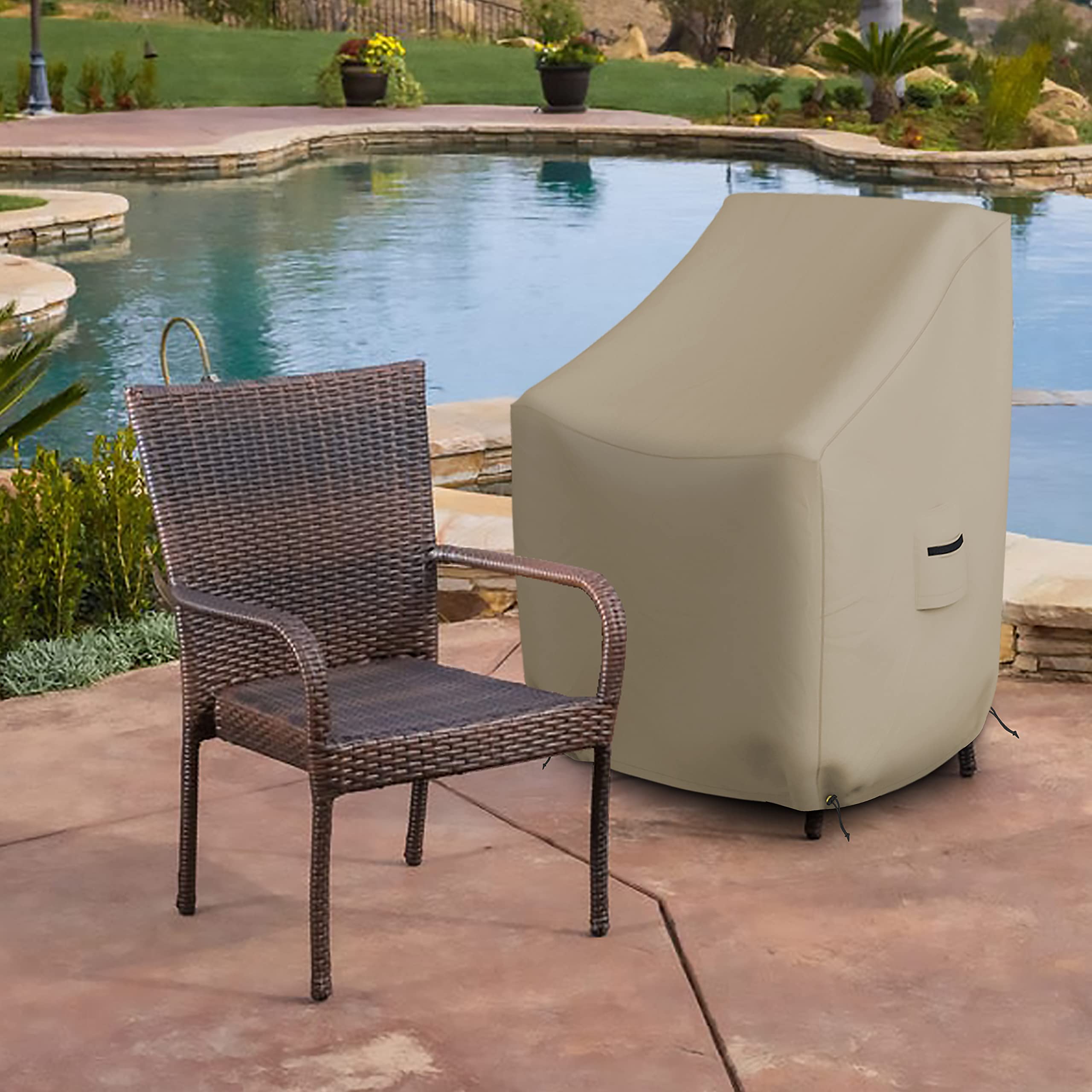 Stackable Chair Cover 12 Oz Waterproof - 100% Weather Resistant PVC Coated Patio Furniture Cover with Air Pockets & Drawstring for Snug Fit (36W x 37D x 36H x 15 FH, Beige) - Image 5