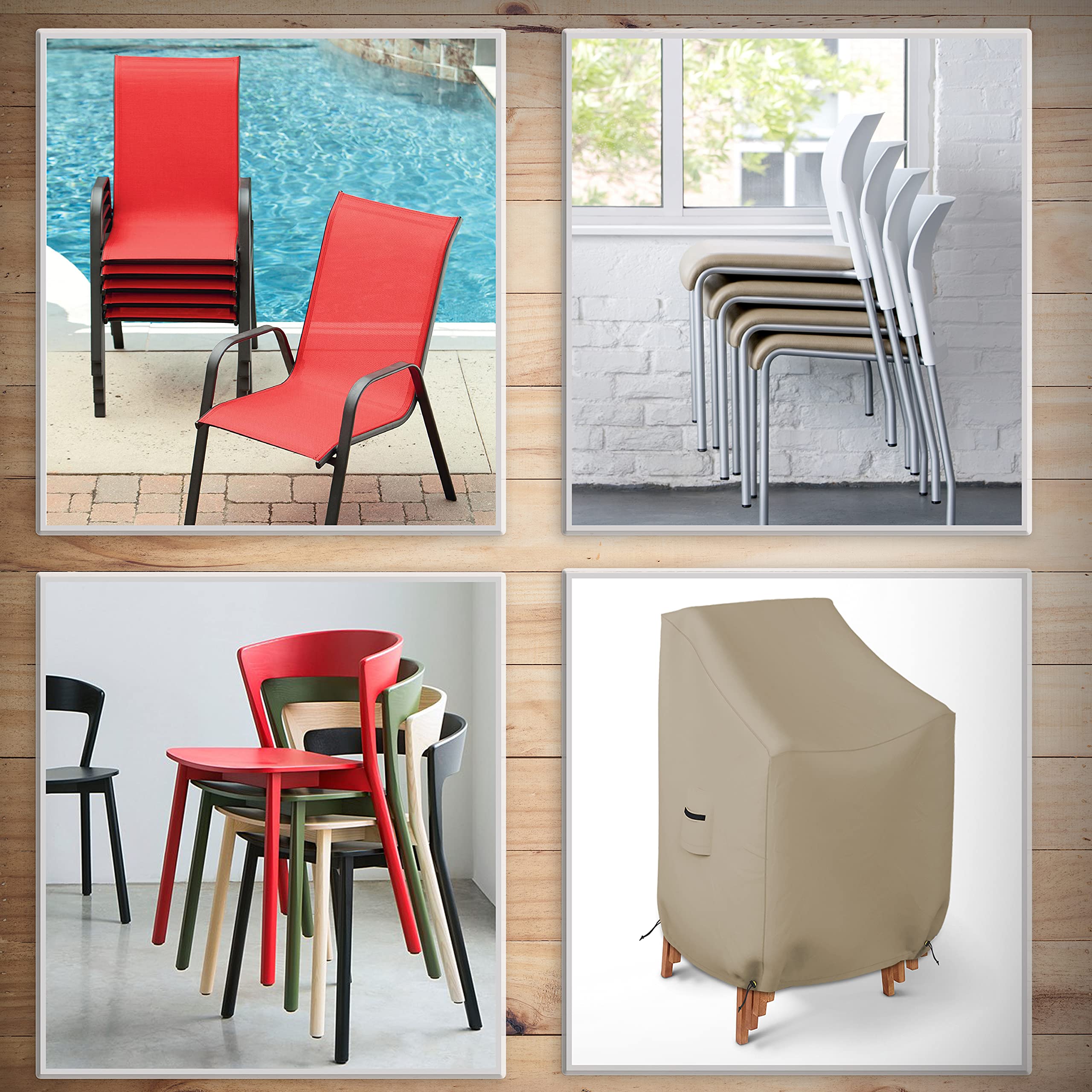 Stackable Chair Cover 12 Oz Waterproof - 100% Weather Resistant PVC Coated Patio Furniture Cover with Air Pockets & Drawstring for Snug Fit (36W x 37D x 36H x 15 FH, Beige) - Image 6